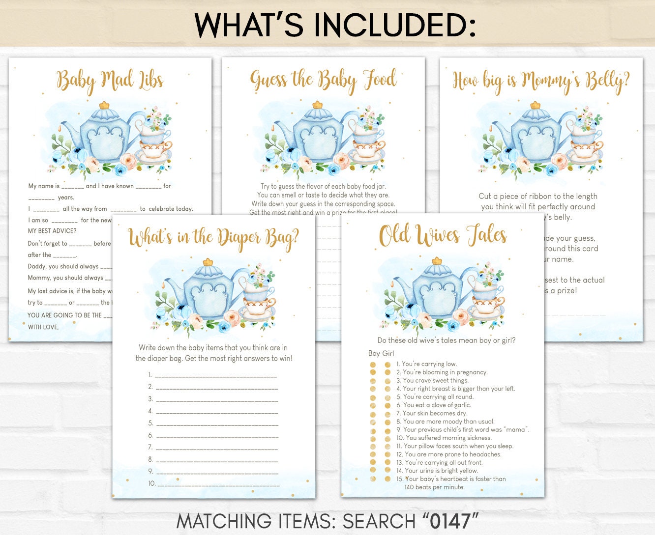 Tea Party Baby Shower Games Bundle Floral Blue Gold Tea Baby - Etsy