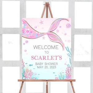 Editable Mermaid Baby Shower Welcome Sign, Under the Sea Girl Baby Shower Welcome Sign, Pink Purple Mermaid Party Printable Template 0268