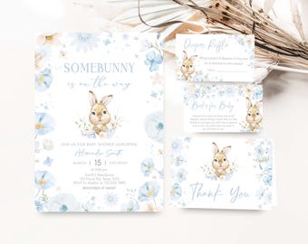Editable Blue Floral Some Bunny Baby Shower Invitation Set, Easter Bunny Baby Shower Invite Set, Boy Spring Rabbit Baby Shower Invite, 01023