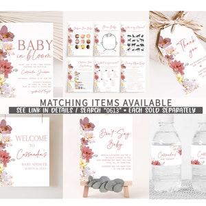 May include: A set of printable baby shower decorations featuring a floral design with pink, yellow, and purple flowers. The set includes a welcome sign, a don't say baby sign, water bottle labels, and a thank you tag. The text on the signs reads "Welcome to Cassandra's Baby Shower" and "Don't Say Baby".