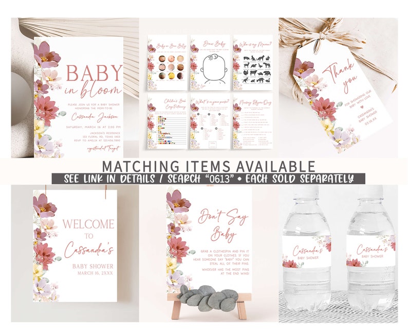 May include: A set of printable baby shower decorations featuring a floral design with pink, yellow, and purple flowers. The set includes a welcome sign, a don't say baby sign, water bottle labels, and a thank you tag. The text on the signs reads "Welcome to Cassandra's Baby Shower" and "Don't Say Baby".