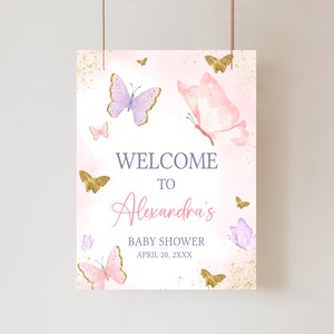 Signo de bienvenida de baby shower de mariposa editable, cartel de bienvenida de baby shower de mariposas rosas de niña, signo de baby shower de primavera de mariposa dorada, 0668