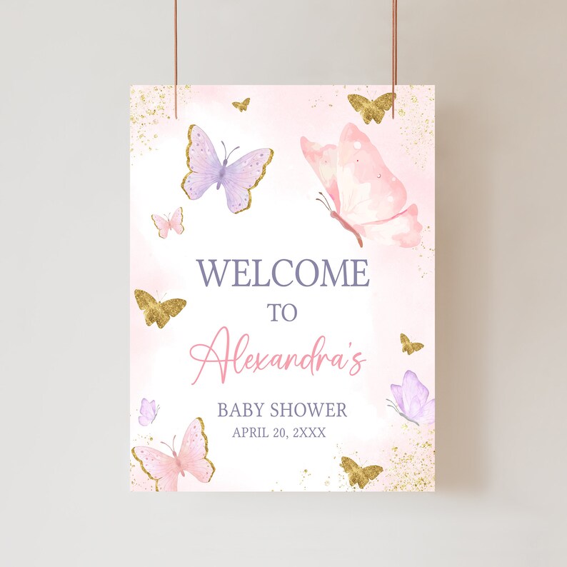 Signo de bienvenida de baby shower de mariposa editable, cartel de bienvenida de baby shower de mariposas rosas de niña, signo de baby shower de primavera de mariposa dorada, 0668 imagen 1