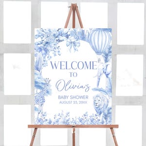 Editable Blue Chinoiserie Toile Baby Shower Welcome Sign, Safari Toile De Jouy Baby Shower Welcome Poster, Blue Bow Baby Shower Sign, 01092