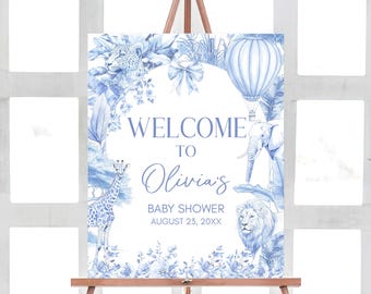 Editable Blue Chinoiserie Toile Baby Shower Welcome Sign, Safari Toile De Jouy Baby Shower Welcome Poster, Blue Bow Baby Shower Sign, 01092