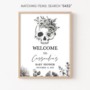 Editable Halloween Baby Shower Welcome Sign, Black Gothic Baby Shower Welcome Poster, Black Floral Skull Baby Shower Sign. A Little Boo 0432 image 4