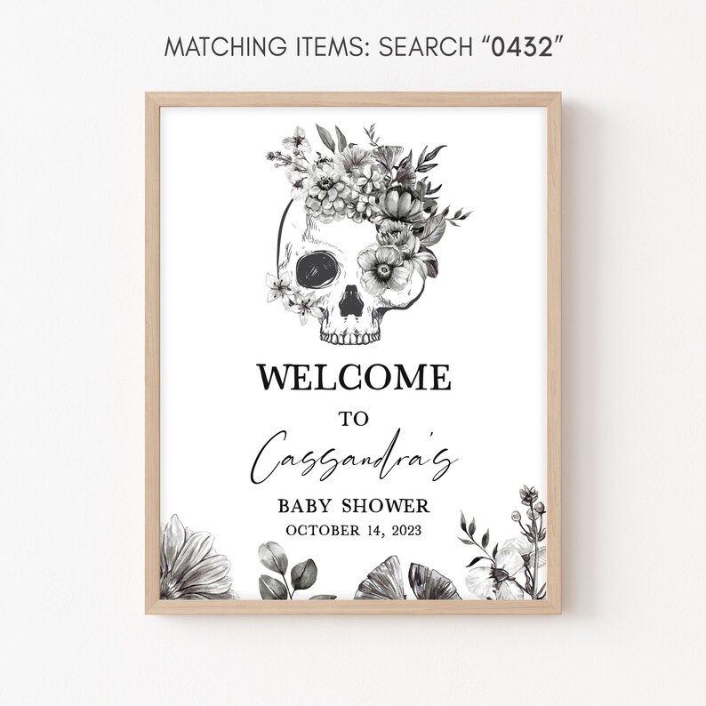 Editable Halloween Baby Shower Welcome Sign, Black Gothic Baby Shower Welcome Poster, Black Floral Skull Baby Shower Sign. A Little Boo 0432 image 4