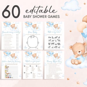 Puede incluir: Un conjunto de 60 juegos editables para baby shower. El diseño presenta un osito de peluche, nubes y globos en tonos azules y marrones. Los juegos incluyen "¿Adivina quién es mamá o papá?" y "¿Quién es mi nombre?"