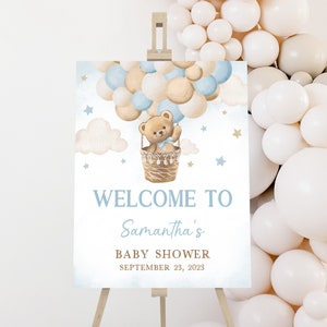 Bearbeitbares Teddybär-Heißluftballon-Babyparty-Willkommensschild, Wir können Bärenbabyparty-Willkommensplakat warten, Boho blaues Teddybär-Zeichen 0413