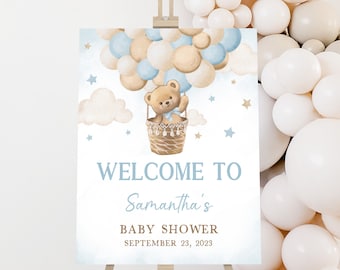 Bewerkbare teddybeer hete lucht ballon baby shower welkom teken, we kunnen bearly wachten baby shower welkom poster, Boho blauwe teddybeer teken 0413