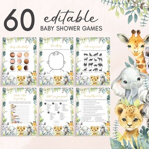 Paquete editable de juegos de baby shower Wild One, paquete de juegos de baby shower Jungle Safari, plantilla de juegos de baby shower de animales de Greenery Safari, 0648 imagen 1