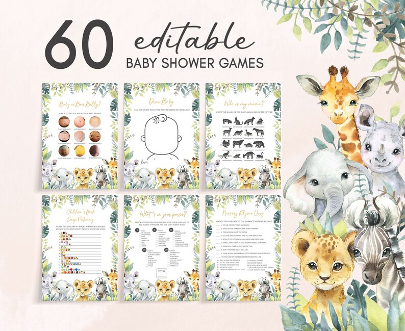 Paquete editable de juegos de baby shower Wild One, paquete de juegos de baby shower Jungle Safari, plantilla de juegos de baby shower de animales de Greenery Safari, 0648 imagen 1