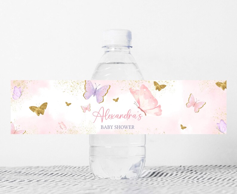 Pink Butterfly Label Editable Butterfly Baby Shower Bottle Label, Girl Pink Butterflies Baby ...
