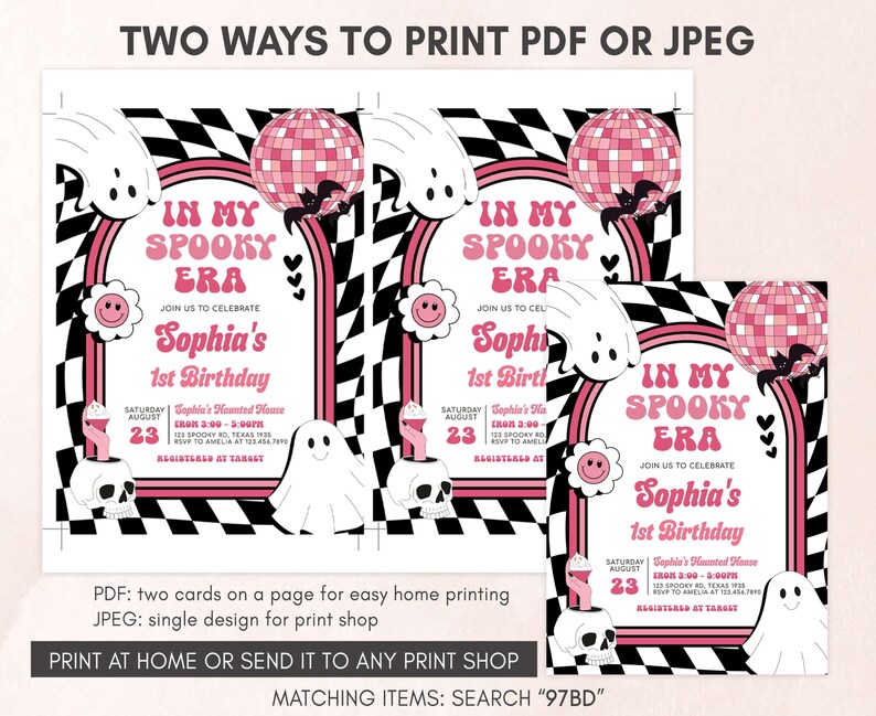 two pink and black printable birthday party cards