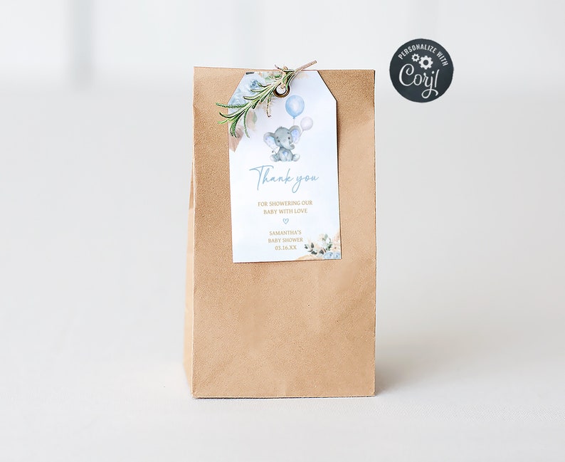 Etiquetas editables de favor de baby shower de elefante boho, etiqueta de regalo de baby shower de elefante azul niño, etiquetas de agradecimiento de ducha de hierba de pampas florales azules, 0618 imagen 1