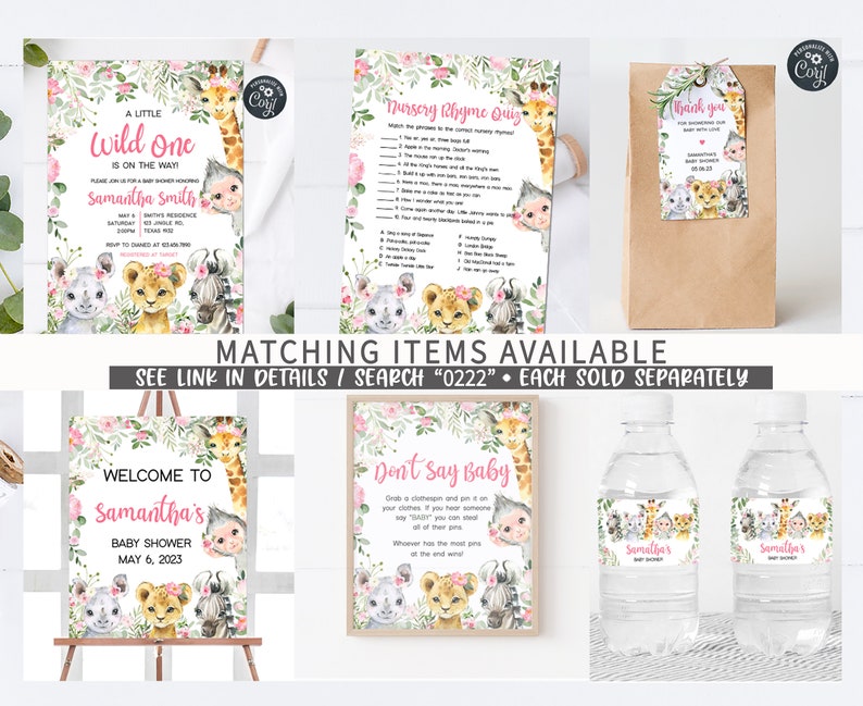 May include: A set of printable baby shower decorations with a jungle animal theme. The set includes a welcome sign, a game card, a favor bag, and water bottle labels. The decorations feature a pink and green color scheme with illustrations of a giraffe, a zebra, a monkey, and a lion.
