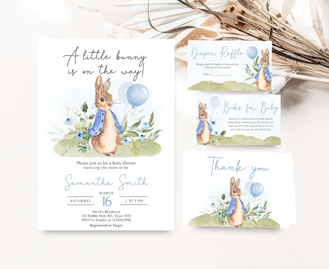 Editable Blue Peter Rabbit Baby Shower Invitation Bundle, Bunny Boy ...