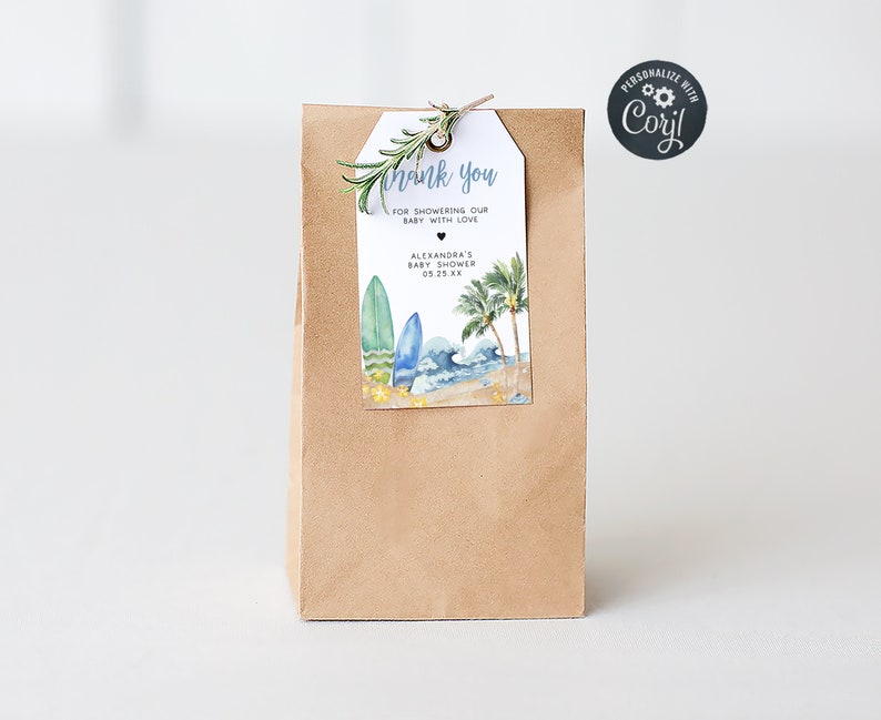 Editable Baby on Board Baby Shower Favor Tag, Surf Board Beach Baby Shower Gifts Tag, Surfing Summer Boy Baby Shower Thank You Tags, 0677 image 1