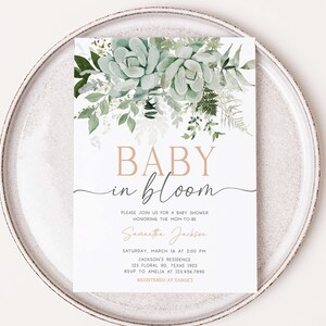 Editable Baby in Bloom Baby Shower Invitation Bundle, Succulent Gender Neutral Baby Shower Invite Set, Succulents Greenery Baby Shower, 0681 image 3