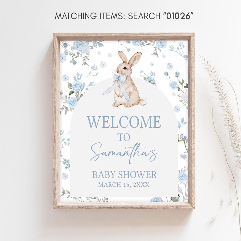 Blue Floral Bunny Welcome Sign