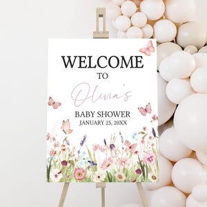 Editable Butterfly Baby Shower Welcome Sign, A Little Butterfly Girl Baby Shower Welcome Poster, Floral Butterfly Baby Shower Sign, 01021