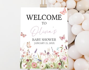 Bearbeitbares Schmetterlings-Babyparty-Willkommensschild, ein kleines Schmetterlings-Mädchen-Babyparty-Willkommensplakat, Blumenschmetterlings-Babyparty-Schild, 01021