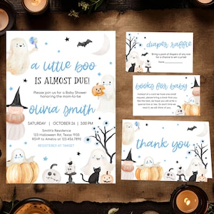 Editable Blue A Little Boo Baby Shower Invitation Bundle, Boy Halloween Baby Shower Invite, Cute Ghost Spooky Shower Baby Shower Invite 0935