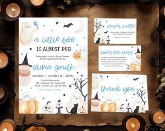 Editable Blue A Little Boo Baby Shower Invitation Bundle, Boy Halloween Baby Shower Invite, Cute Ghost Spooky Shower Baby Shower Invite 0935