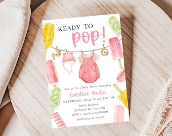 Editable She's Ready to Pop Baby Shower Invitation, Pink Popsicle Baby Shower Invitation, Girl Summer Sweets Baby Shower Invite, 01078