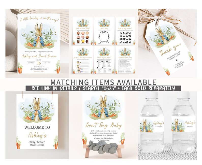 Puede incluir: Un conjunto de decoraciones imprimibles para baby shower con Peter Rabbit. El conjunto incluye un cartel de bienvenida, un juego de "No digas beb&eacute;", una etiqueta de agradecimiento y etiquetas para botellas de agua. Las decoraciones est&aacute;n en un estilo acuarela con un fondo azul claro y follaje verde.
