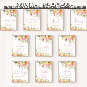 May include: Nine printable signs with floral designs and pink text. The signs include: "Mon-ega Bar", "Late Night Dupers", "Drinks", "Food", "Favors", "Don't Say Baby", "Duper Raffle", "Books & Gifts", and "Babies are Sweet".