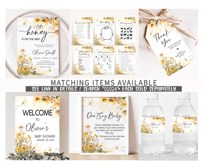 a set of wedding items including water bottles and tags