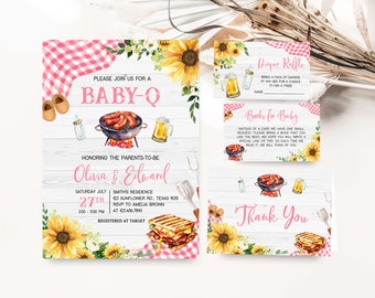 Editable Sunflower Pink Baby-Q Baby Shower Invitation Bundle, Girl BBQ Baby Shower Invite Set, Floral Backyard Picnic Invitation Set, 0820