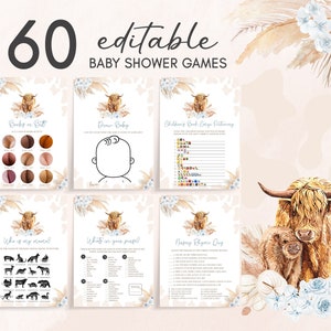 Pacchetto di giochi modificabili Boho Highland Cow Baby Shower, pacchetto di giochi Blue Holy Cow Baby Shower, set di giochi Boy Highland Cow Boho Baby Shower, 0505