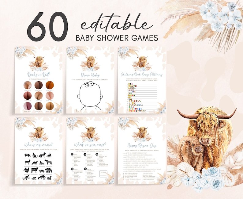 Editable Boho Highland Cow Baby Shower Games Bundle, Blue Holy Cow Baby Shower Game Pack, Boy Highland Cow Boho Baby Shower Games Set, 0505 image 1