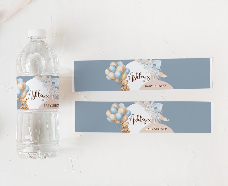 Editable Bear Baby Shower Bottle Label, We Can Bearly Wait Boho Baby Shower Water Labels, Blue Balloon Arch Boy Water Bottle Stickers, 0690 image 3