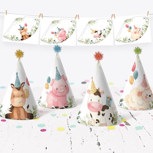 Farm Birthday Party Hats, Barnyard Birthday Hat, Farm Animals First Birthday Party Hat, Boy Red Barnyard Animals Kids Birthday Decor 318BD