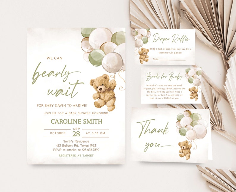 Editable Gender Neutral Bear Baby Shower Invitation Bundle, We Can Bearly Wait Baby Shower Invite Set, Green Balloon Bear Baby Shower, 0526 image 1