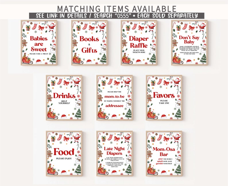 May include: A collection of framed Christmas-themed signs with red and green accents. The signs feature festive text like "Babies are Sweet," "Books & Gifts," and "Diaper Raffle." Each sign has a decorative border with holiday elements.