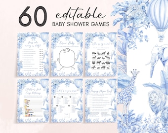 Könnte beinhalten: Ein Set mit 60 druckbaren Babyparty-Spielen im blauen und weißen Dschungel-Thema. Die Spiele beinhalten "Errate, wer Mama oder Papa ist?", "Baby zeichnen", "Wie heißt mein Name?", "Kinderbuch-Bingo", "Was ist in deiner Tasche?" und "Rätselhafte Phrasen-Quiz".