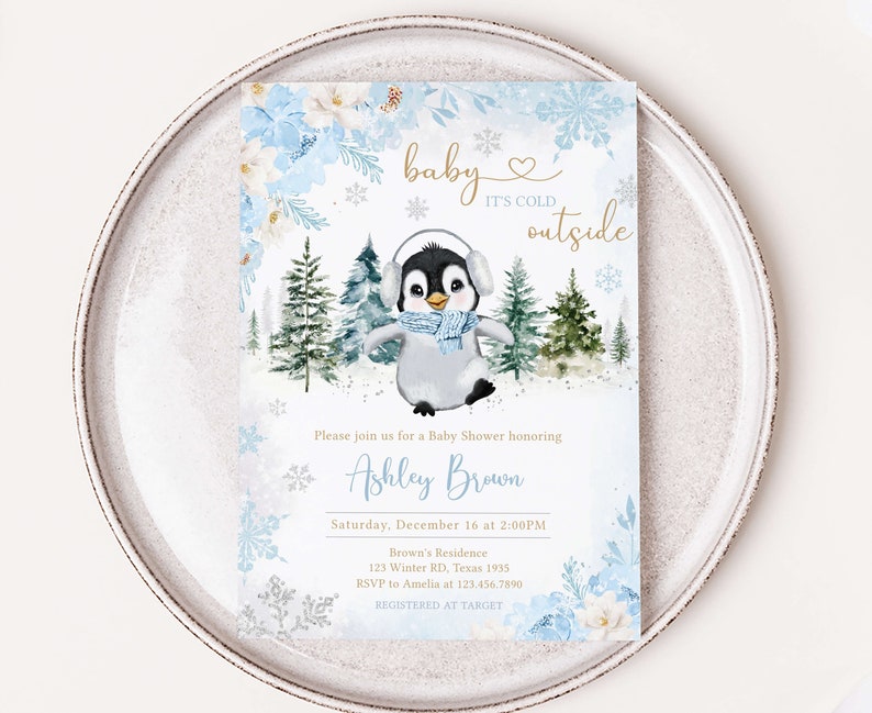 Editable Winter Penguin Baby Shower Invitation, Boy Penguin Baby Shower Invite, Blue Baby It's Cold Outside Baby Shower Invite Template 0559 image 1