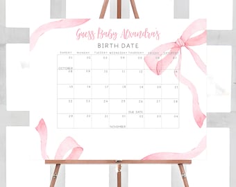 Editable Pink Baby Shower Due Date Calendar, Pink Bow Minimalist Baby Shower Calendar, Pink Ribbon Girl Baby Shower, Baby Girl Ribbon, 0293