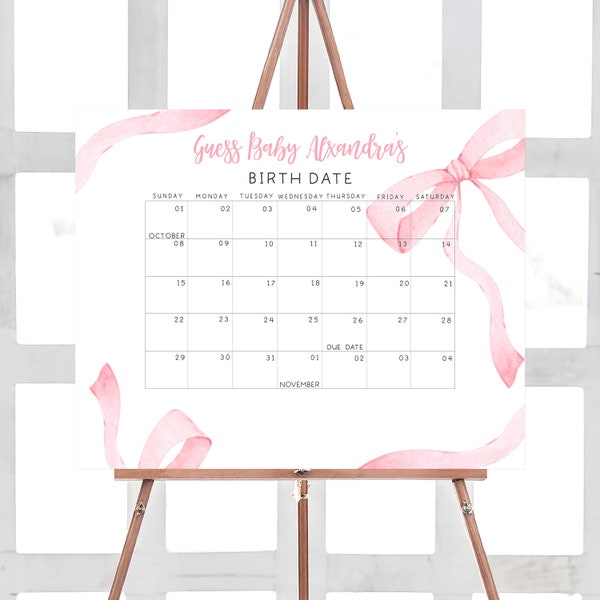 Editable Pink Baby Shower Due Date Calendar, Pink Bow Minimalist Baby Shower Calendar, Pink Ribbon Girl Baby Shower, Baby Girl Ribbon, 0293