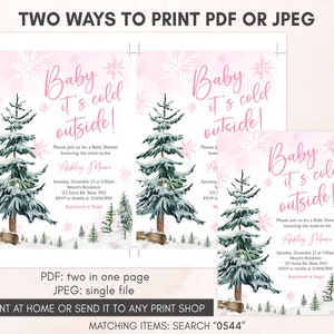 Bebé editable hace frío afuera invitación de baby shower, invitación de baby shower del país de las maravillas de invierno de niña, invitación de baby shower de copo de nieve rosa, 0544 imagen 3