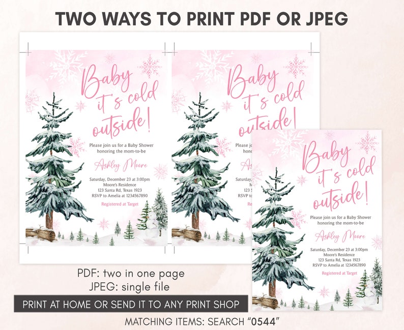 Bebé editable hace frío afuera invitación de baby shower, invitación de baby shower del país de las maravillas de invierno de niña, invitación de baby shower de copo de nieve rosa, 0544 imagen 3