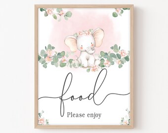 Elephant Baby Shower Food Sign Girl, Baby Elephant Foods Table Sign Girl Baby Shower Sign, Pink Elephant Eucalyptus Printable Decor 0164