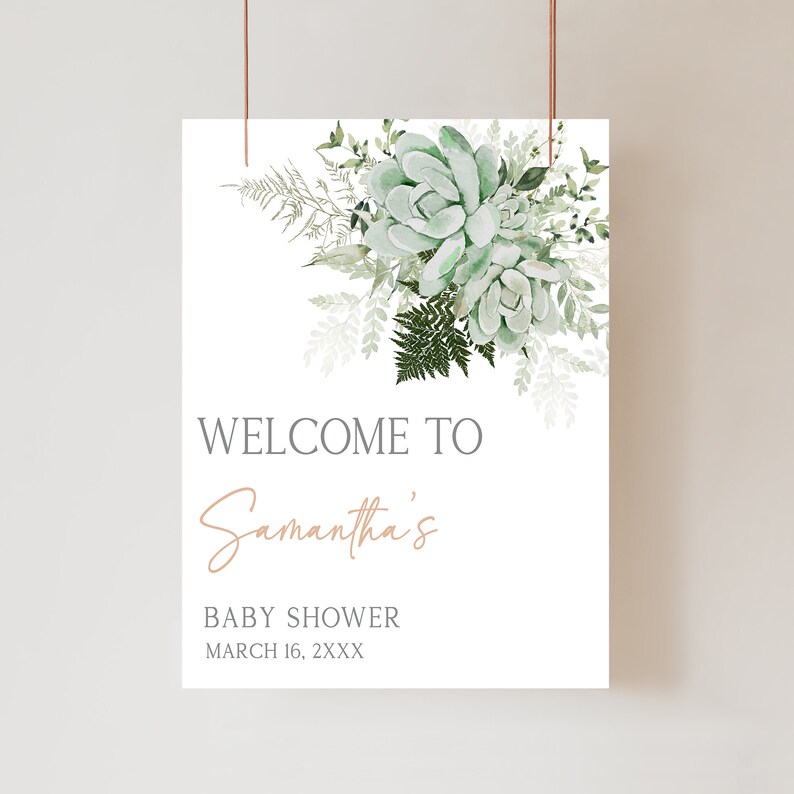 Editable Baby in Bloom Baby Shower Welcome Sign, Greenery Succulent Baby Shower Welcome Poster, Succulents Gender Neutral Baby Shower, 0679 image 1