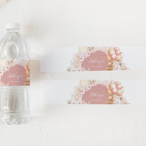 Editable Pink Bear Balloon Baby Shower Bottle Label, Girl Boho Bear Baby Shower Water Labels, We Can Bearly Wait Water Bottle Stickers, 0692 image 3