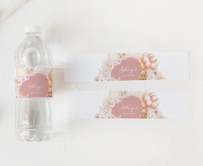 Editable Pink Bear Balloon Baby Shower Bottle Label, Girl Boho Bear Baby Shower Water Labels, We Can Bearly Wait Water Bottle Stickers, 0692 image 3