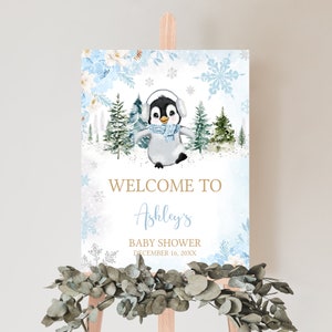 Editable Winter Penguin Baby Shower Welcome Sign, Boy Penguin Baby Shower Welcome Poster, Blue Baby It's Cold Outside Baby Shower Sign, 0559 image 1